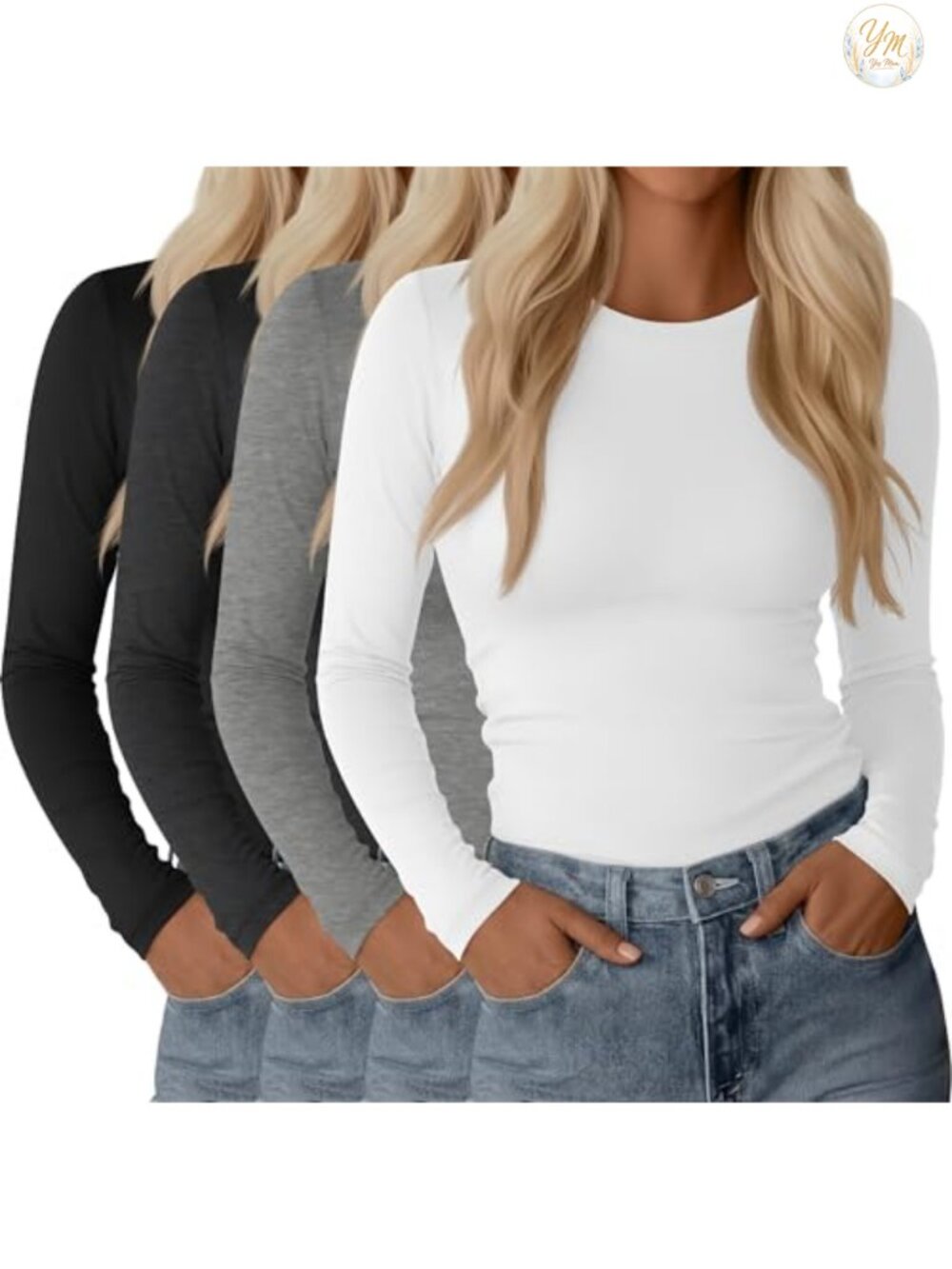 Women's Long Sleeve Crewneck Tees 4-Pack Cotton Blend Stretch T-Shirt Layering